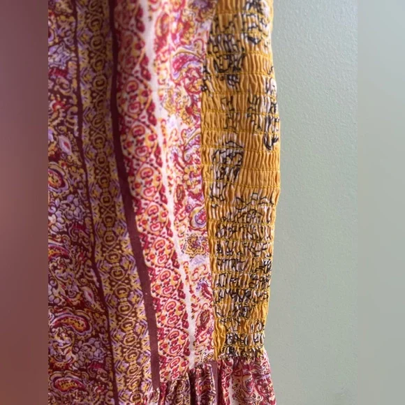 Angie Boho Mixed Print Maxi Dress. Adjustable Straps Ruched Back. Side Slits SM - Picture 10 of 13